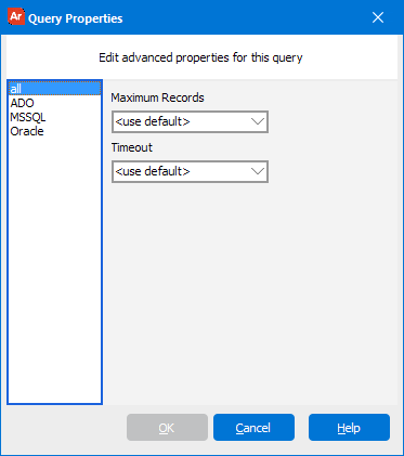 Query Properties dialog on the "All" tab